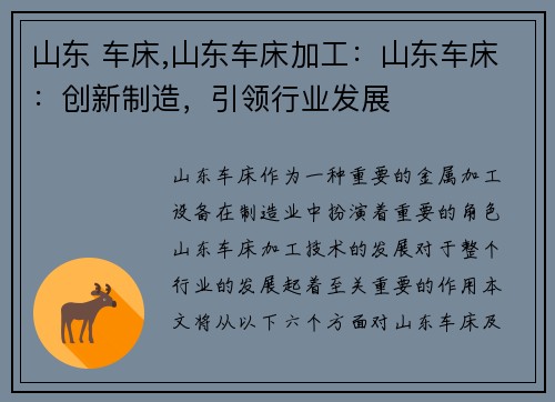 山东 车床,山东车床加工：山东车床：创新制造，引领行业发展